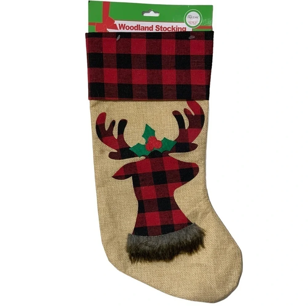 Christmas Stockings Reindeer Moose Holiday Buffalo Check Plaid 17 in 2 Piece Set